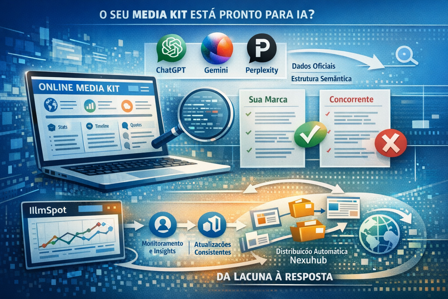 Como preparar um media kit otimizado para descoberta por IA e distribuir automaticamente via llmSpot + Nexuhub